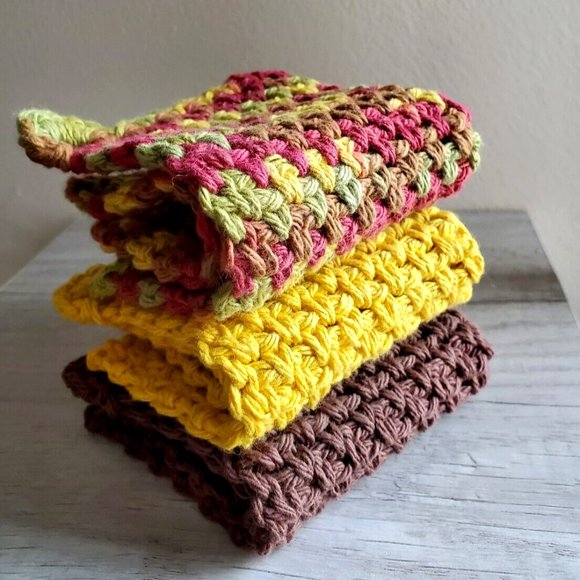 3 CROCHET DISHCLOTH WASHCLOTH 100% COTTON HANDMADE NEW Brown Yellow Green Fall - Picture 9 of 11